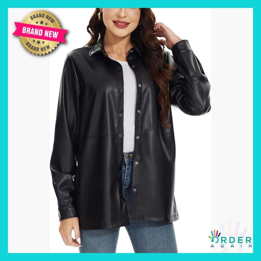 Faux Leather Shacket Moto Biker Jacket Loose Fit Blazer Long Sleeve Button